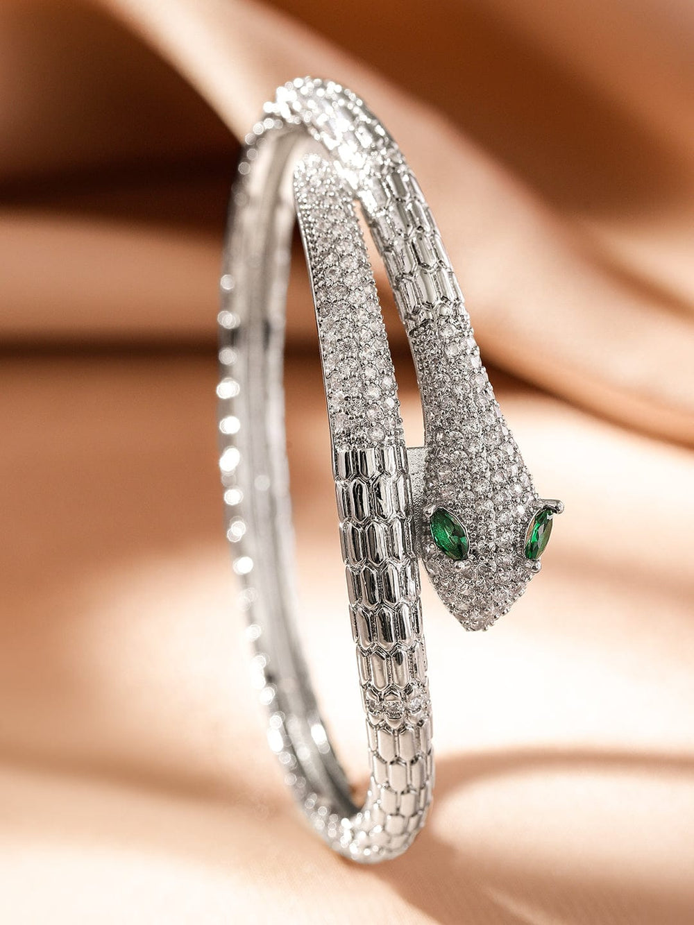 Rubans Rhodium-Plated Cubic Zirconia Snake-Inspired Openable Bracelet with Emerald Accents Wristwear