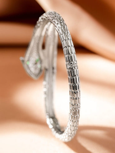 Rubans Rhodium-Plated Cubic Zirconia Snake-Inspired Openable Bracelet with Emerald Accents Wristwear