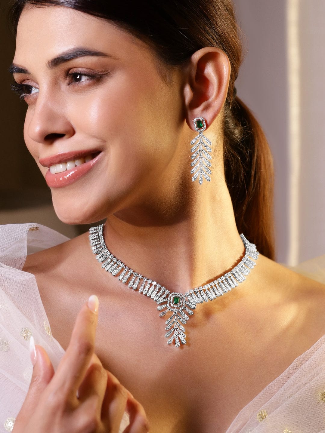 Rubans Rhodium-Plated Cubic Zirconia Stone Studded Jewellery Set Jewellery Set