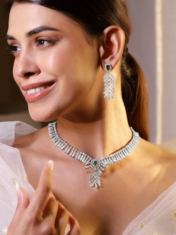 Rubans Rhodium-Plated Cubic Zirconia Stone Studded Jewellery Set Jewellery Set