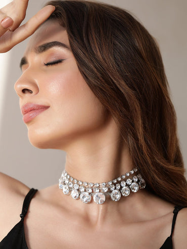 Rubans Rhodium-Plated Cubic Zirconia-Studded 3-Layer Choker Necklace Necklace & Chains