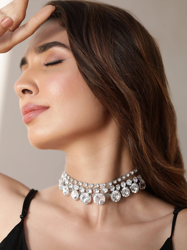 Rubans Rhodium-Plated Cubic Zirconia-Studded 3-Layer Choker Necklace Necklace & Chains