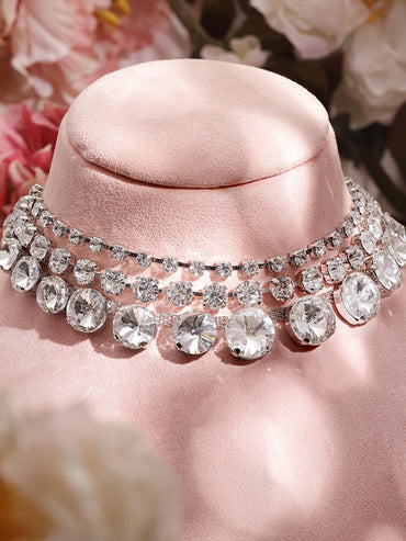 Rubans Rhodium-Plated Cubic Zirconia-Studded 3-Layer Choker Necklace Necklace & Chains