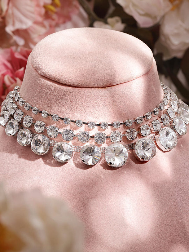 Rubans Rhodium-Plated Cubic Zirconia-Studded 3-Layer Choker Necklace Necklace & Chains