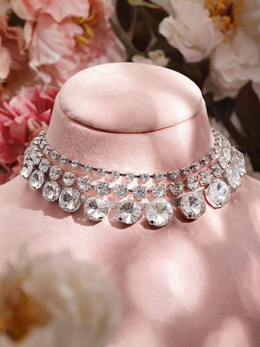 Rubans Rhodium-Plated Cubic Zirconia-Studded 3-Layer Choker Necklace Necklace & Chains