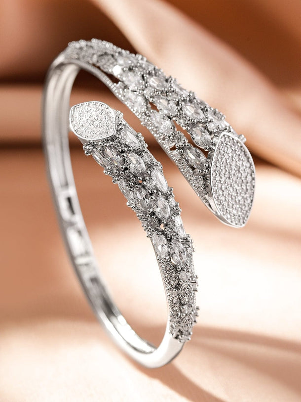 Rubans Rhodium-Plated Cubic Zirconia Studded Adjustable Demi-Fine Openable Bracelet Bangles & Bracelets