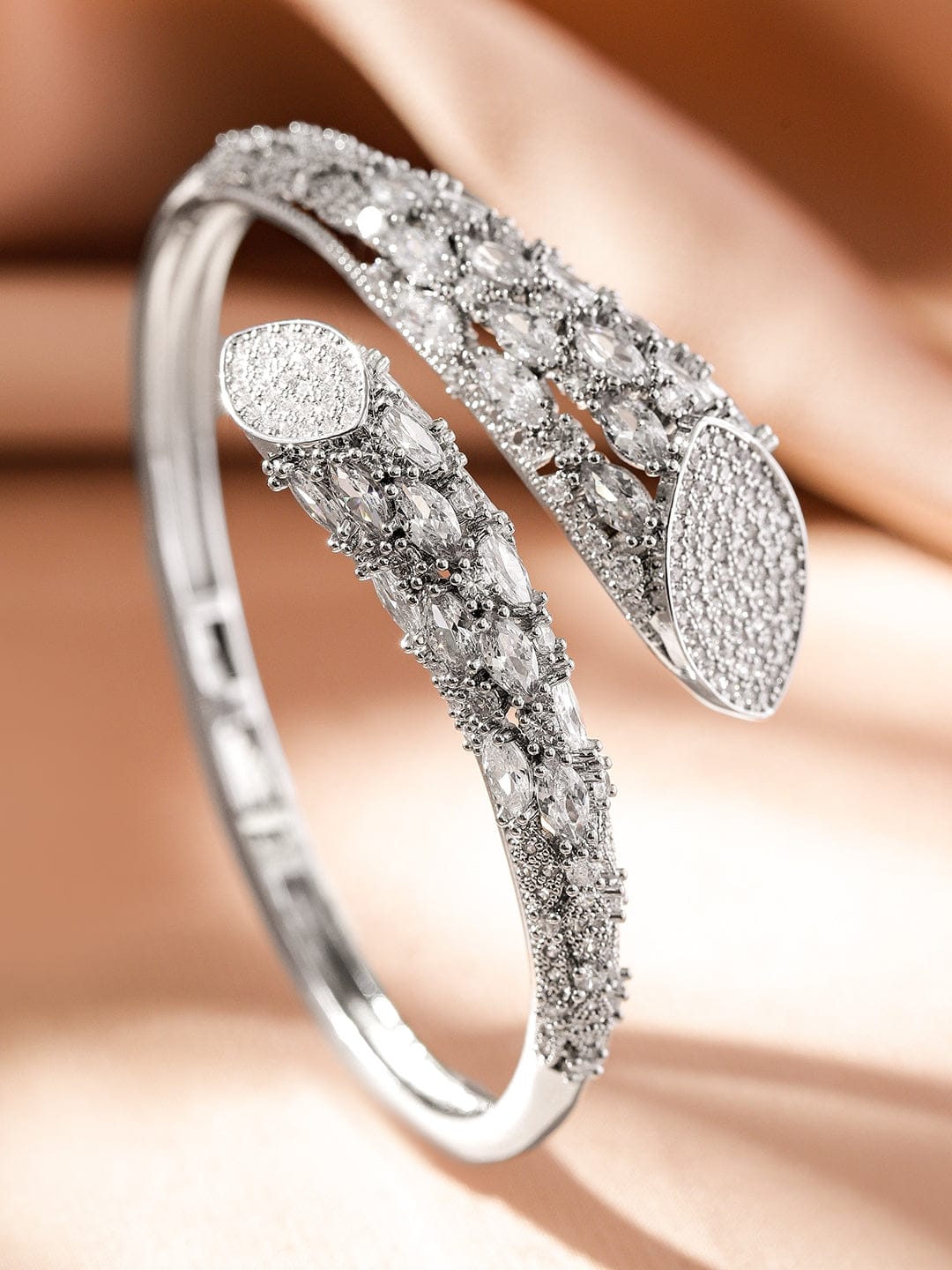 Rubans Rhodium-Plated Cubic Zirconia Studded Adjustable Demi-Fine Openable Bracelet Wristwear