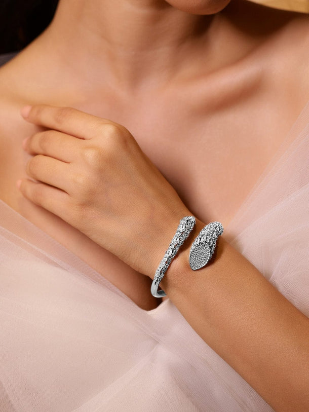 Rubans Rhodium-Plated Cubic Zirconia Studded Adjustable Demi-Fine Openable Bracelet Wristwear