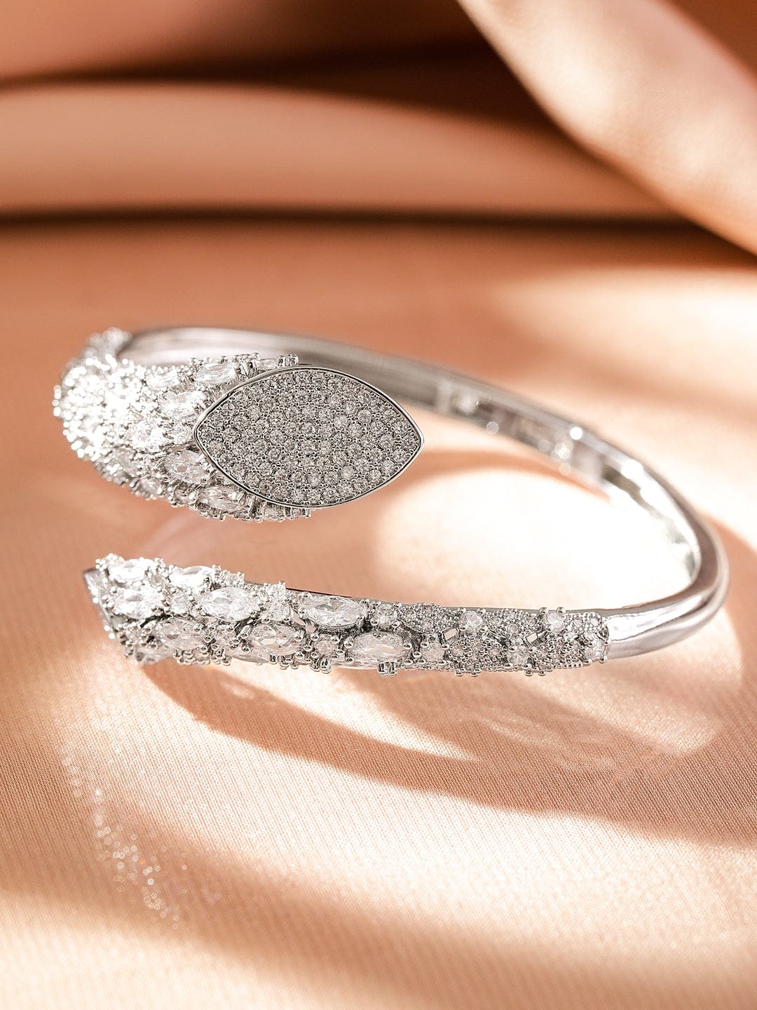 Rubans Rhodium-Plated Cubic Zirconia Studded Adjustable Demi-Fine Openable Bracelet Wristwear