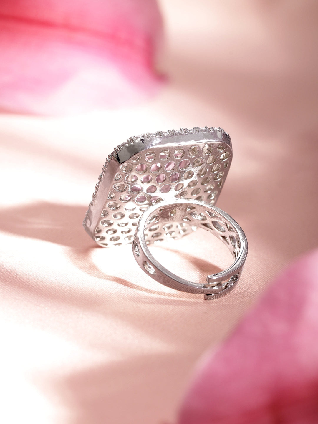 Rubans Rhodium-Plated Cubic Zirconia Studded Adjustable Finger Ring Ring