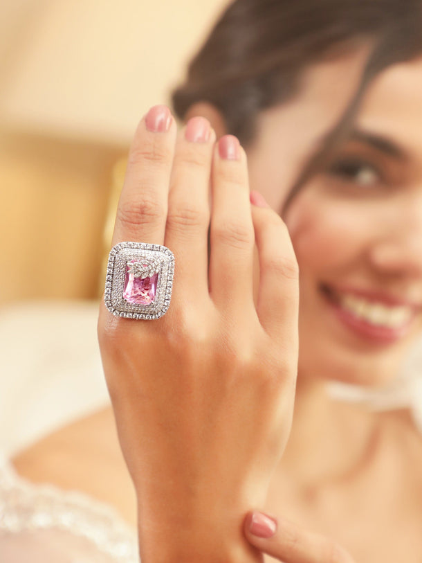 Rubans Rhodium-Plated Cubic Zirconia Studded Adjustable Finger Ring Rings