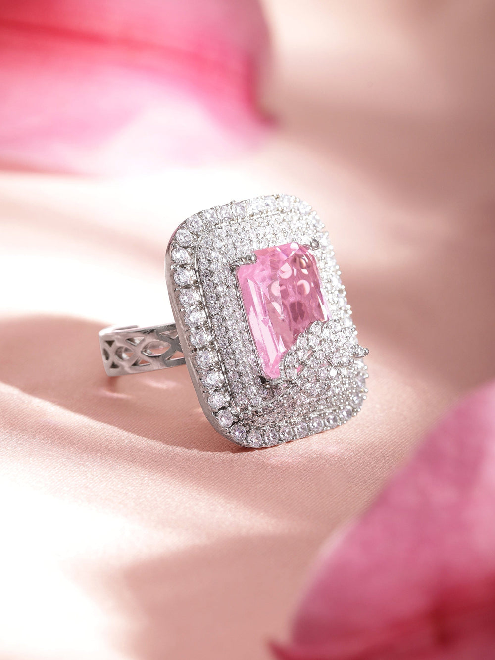 Rubans Rhodium-Plated Cubic Zirconia Studded Adjustable Finger Ring Rings