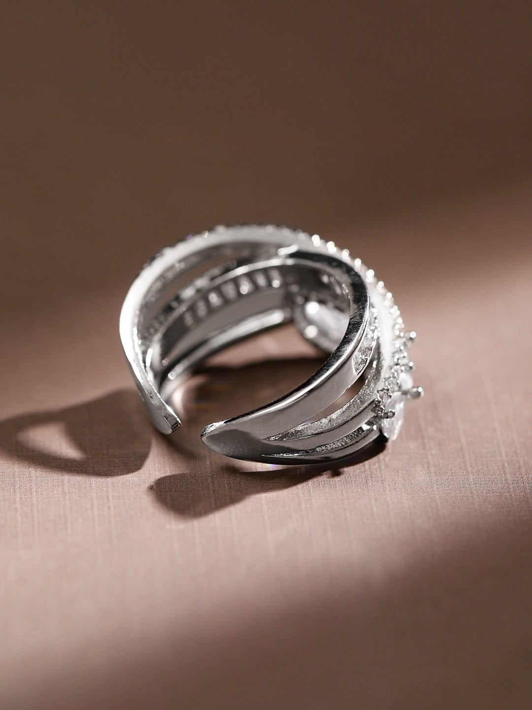 Rubans Rhodium Plated Cubic Zirconia Studded Adjustable Ring Rings