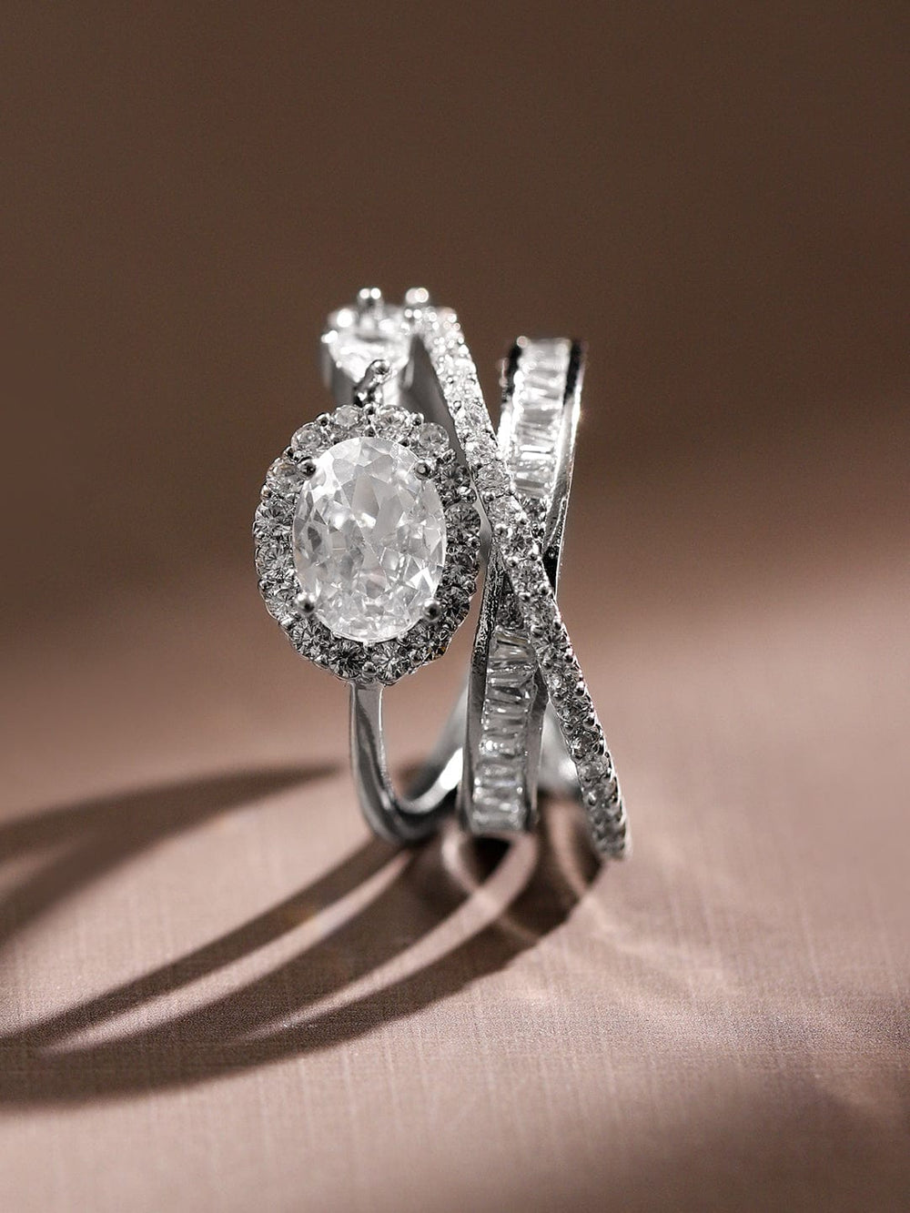 Rubans Rhodium Plated Cubic Zirconia Studded Adjustable Ring Rings