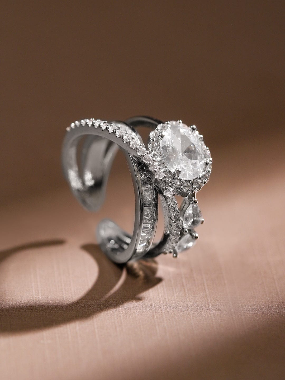 Rubans Rhodium Plated Cubic Zirconia Studded Adjustable Ring Rings