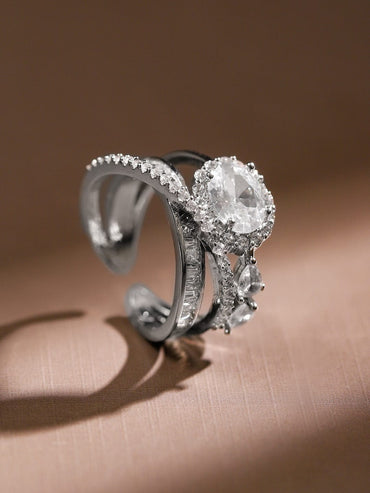 Rubans Rhodium Plated Cubic Zirconia Studded Adjustable Ring Rings