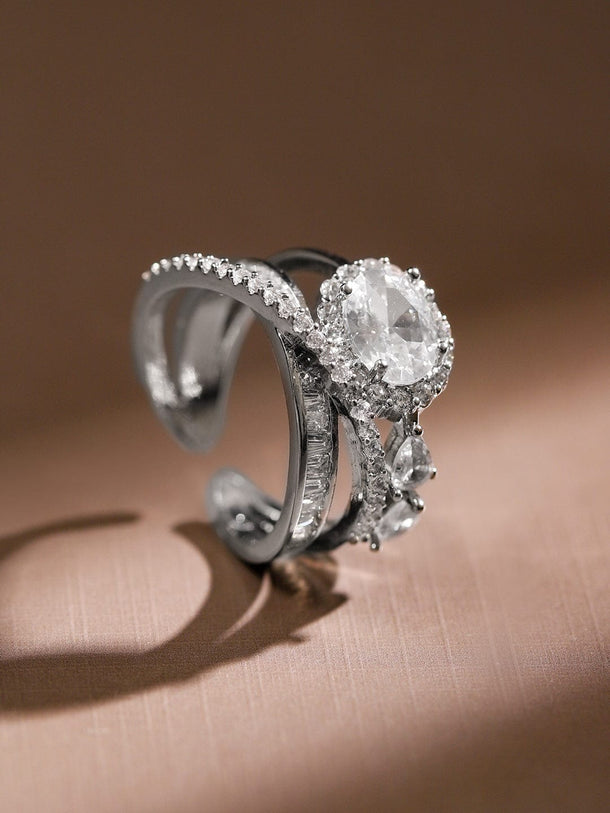 Rubans Rhodium Plated Cubic Zirconia Studded Adjustable Ring Rings