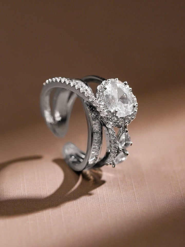 Rubans Rhodium Plated Cubic Zirconia Studded Adjustable Ring Rings