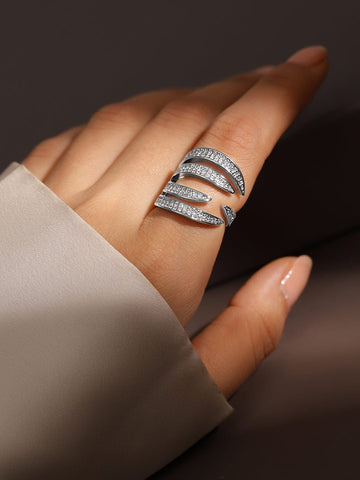 Rubans Rhodium-Plated Cubic Zirconia Studded Adjustable Statement Ring Finger Rings