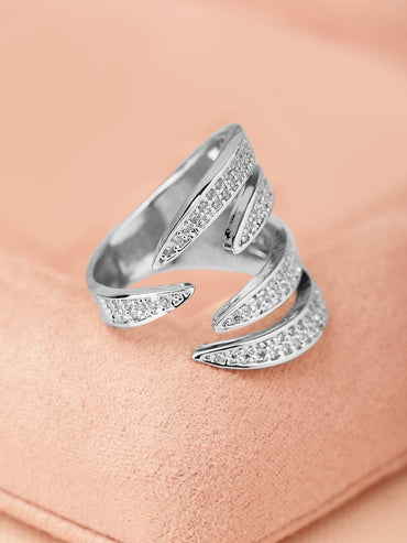 Rubans Rhodium-Plated Cubic Zirconia Studded Adjustable Statement Ring Rings