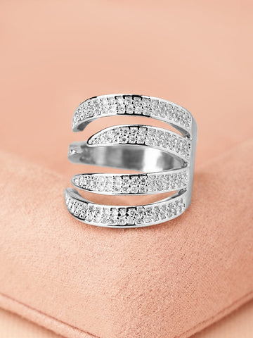 Rubans Rhodium-Plated Cubic Zirconia Studded Adjustable Statement Ring Rings