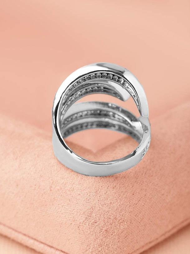 Rubans Rhodium-Plated Cubic Zirconia Studded Adjustable Statement Ring Rings