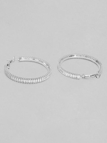 Rubans Rhodium Plated Cubic Zirconia Studded Big Hoop Earrings Earrings