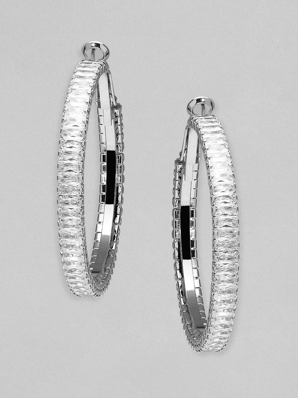 Rubans Rhodium Plated Cubic Zirconia Studded Big Hoop Earrings Earrings