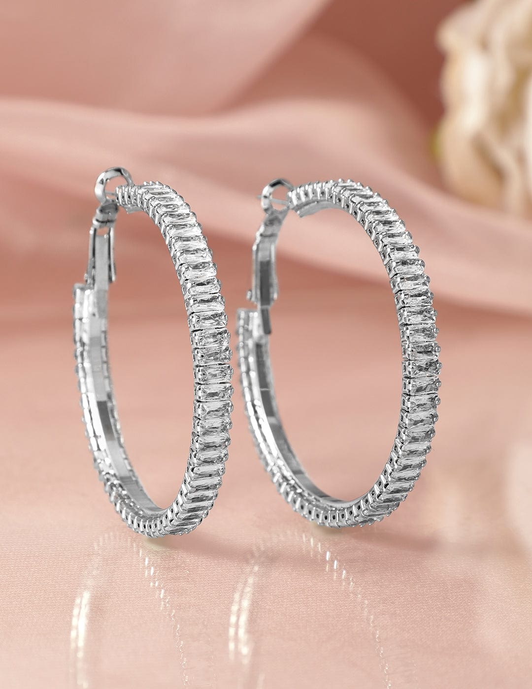 Rubans Rhodium Plated Cubic Zirconia Studded Big Hoop Earrings Hoop Earrings