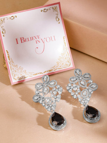 Rubans Rhodium Plated Cubic Zirconia Studded & Black AD Drop Earrings Drop Earrings