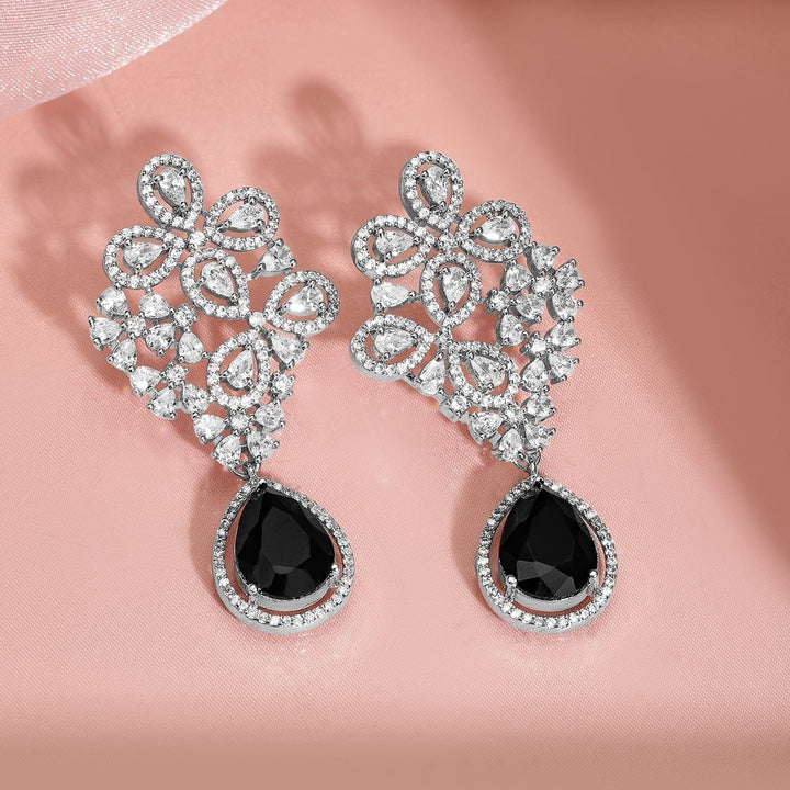 Rubans Rhodium Plated Cubic Zirconia Studded & Black AD Drop Earrings Drop Earrings