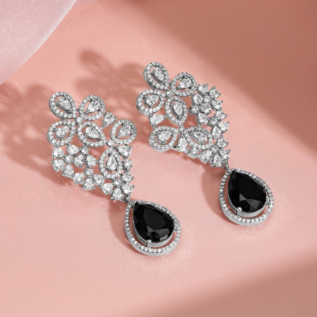 Rubans Rhodium Plated Cubic Zirconia Studded & Black AD Drop Earrings Drop Earrings