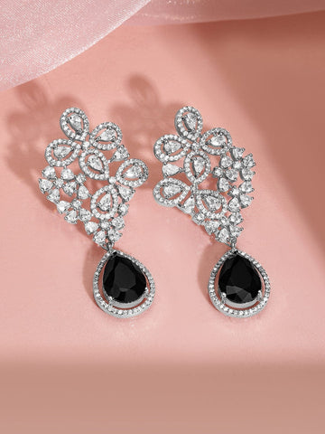 Rubans Rhodium Plated Cubic Zirconia Studded & Black AD Drop Earrings Earrings