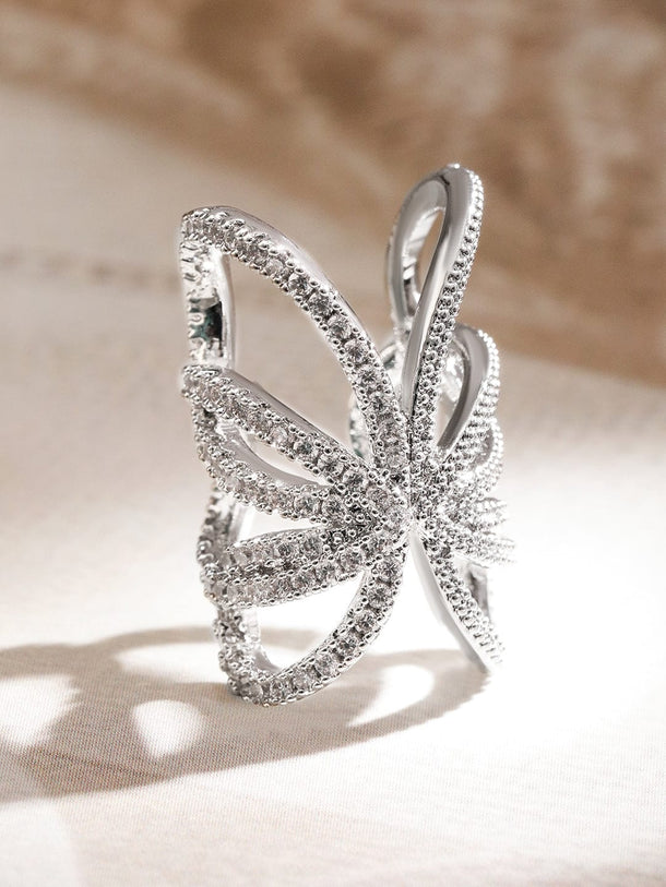 Rubans Rhodium-Plated Cubic Zirconia Studded Butterfly Design Openable Ear Cuff Earring â€“ 1 Piece Pack Earrings