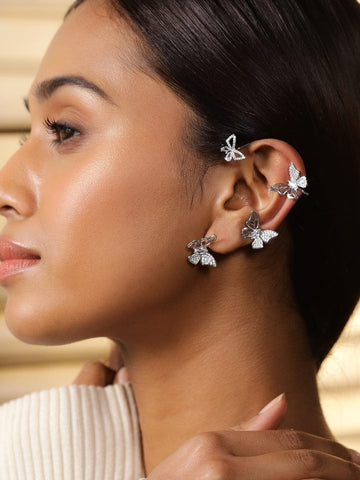 Rubans Rhodium-Plated Cubic Zirconia Studded Butterfly Design Statement Ear Cuff Earrings