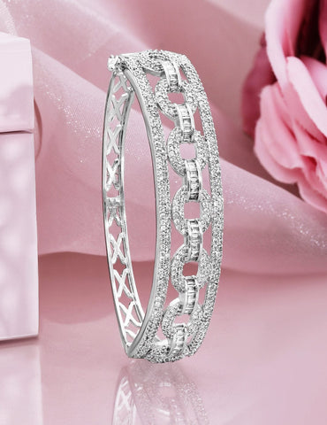 Rubans Rhodium Plated Cubic Zirconia Studded Chain Link Design Premium Openable Bracelet Bangles & Bracelet