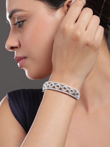 Rubans Rhodium Plated Cubic Zirconia Studded Chain Link Design Premium Openable Bracelet Wristwear