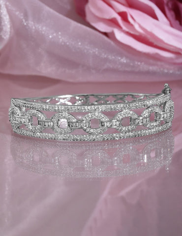 Rubans Rhodium Plated Cubic Zirconia Studded Chain Link Design Premium Openable Bracelet Wristwear