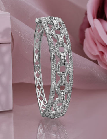 Rubans Rhodium Plated Cubic Zirconia Studded Chain Link Design Premium Openable Bracelet Wristwear