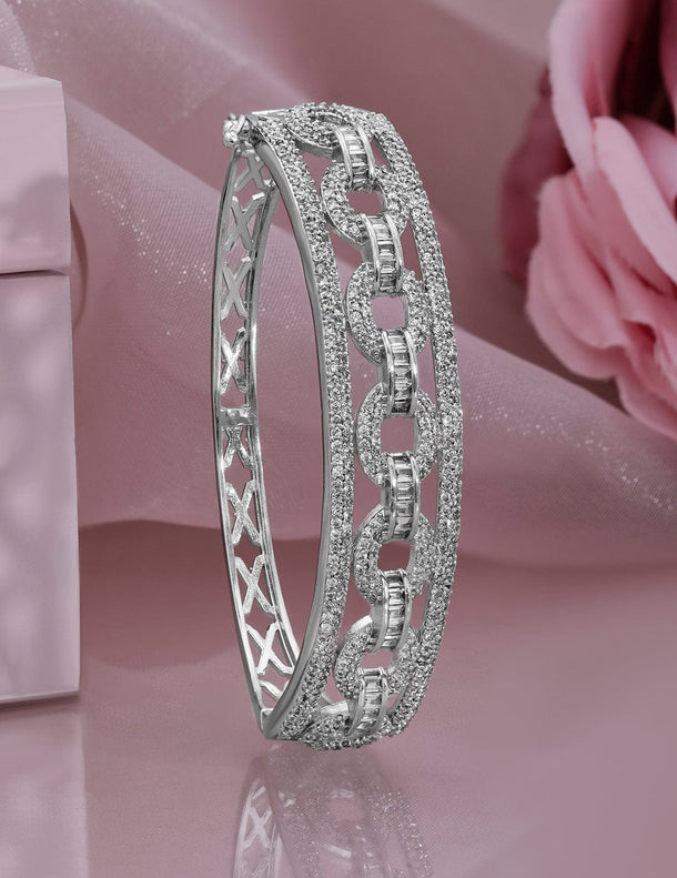 Rubans Rhodium Plated Cubic Zirconia Studded Chain Link Design Premium Openable Bracelet Wristwear