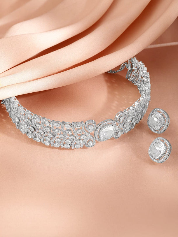 Rubans Rhodium-Plated Cubic Zirconia-Studded Choker Jewellery Set Jewellery Set