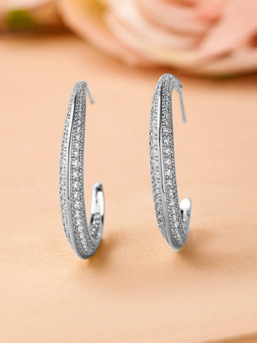 Rubans Rhodium-Plated Cubic Zirconia Studded Classic Hoop Earrings Earrings