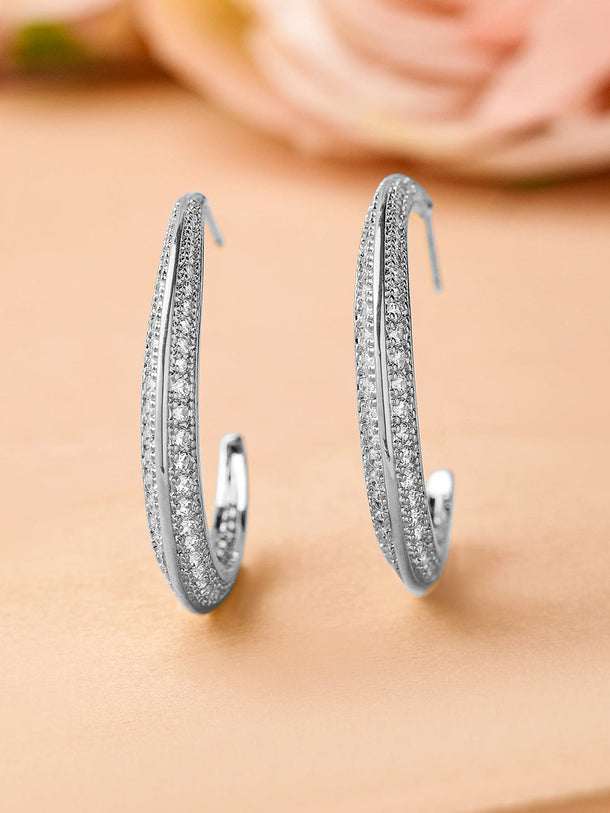 Rubans Rhodium-Plated Cubic Zirconia Studded Classic Hoop Earrings Earrings