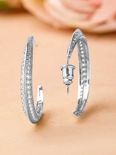 Rubans Rhodium-Plated Cubic Zirconia Studded Classic Hoop Earrings Earrings