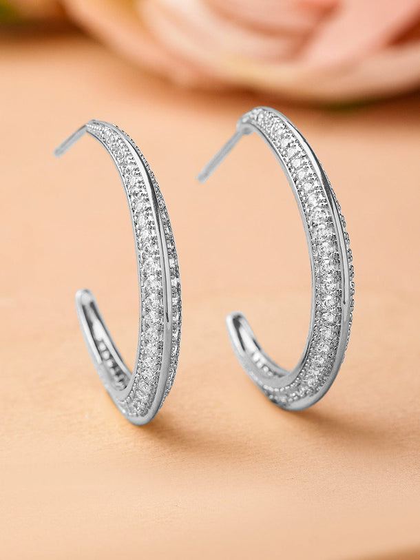 Rubans Rhodium-Plated Cubic Zirconia Studded Classic Hoop Earrings Earrings