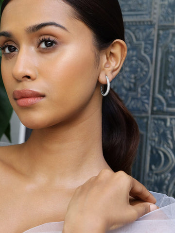 Rubans Rhodium-Plated Cubic Zirconia Studded Classic Hoop Earrings Earrings