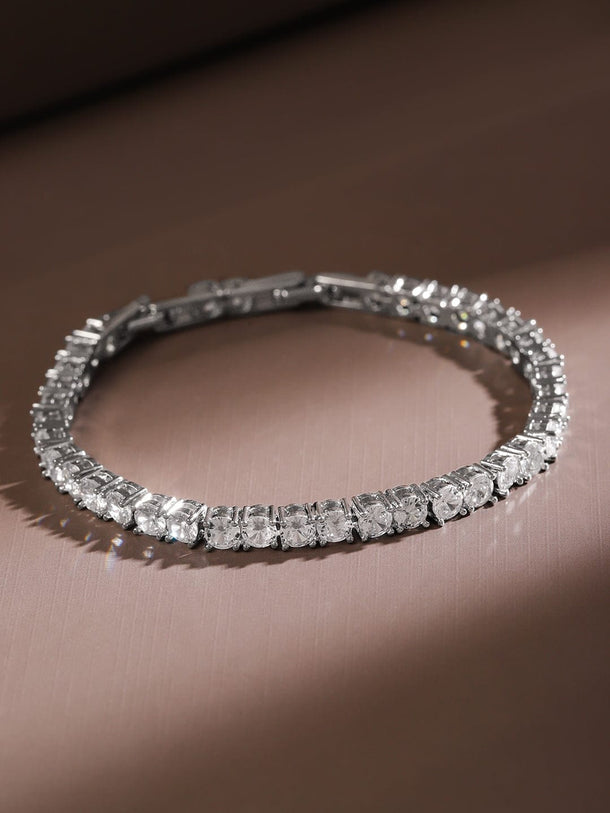 Rubans Rhodium-Plated Cubic Zirconia Studded Classic Tennis Bracelet Wristwear