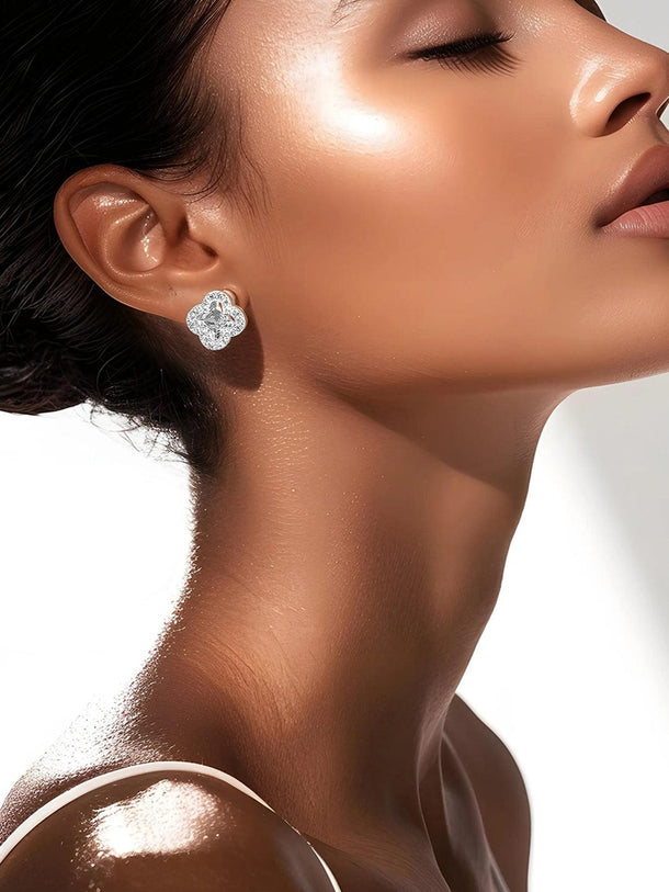 Rubans Rhodium-Plated Cubic Zirconia Studded Clover-Shaped Stud Earrings Earrings