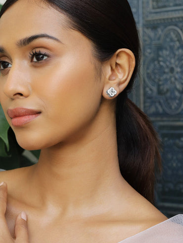 Rubans Rhodium-Plated Cubic Zirconia Studded Clover-Shaped Stud Earrings Earrings