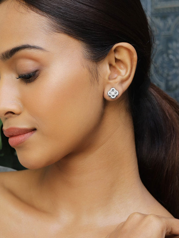 Rubans Rhodium-Plated Cubic Zirconia Studded Clover-Shaped Stud Earrings Earrings